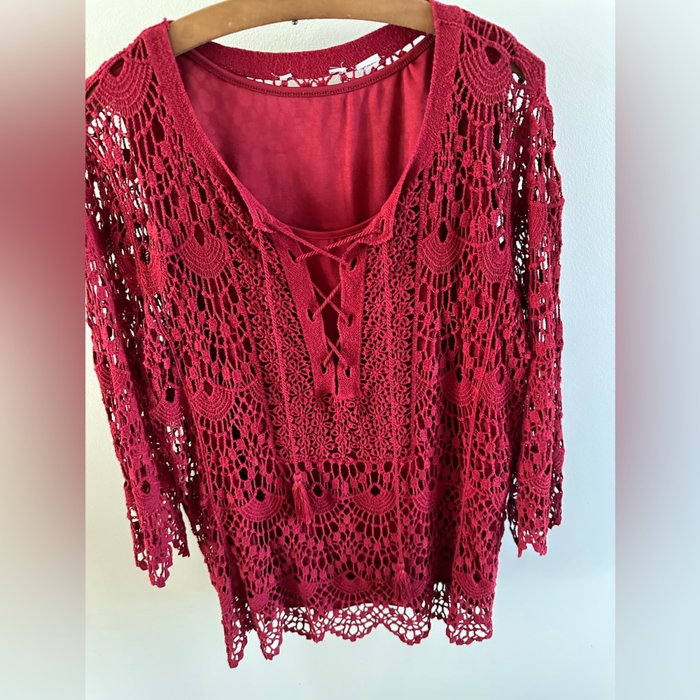 Christopher & Banks Dark Red Crochet top with scallop edge BoHo